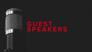 an image showing a mic and the title guest speakers 
