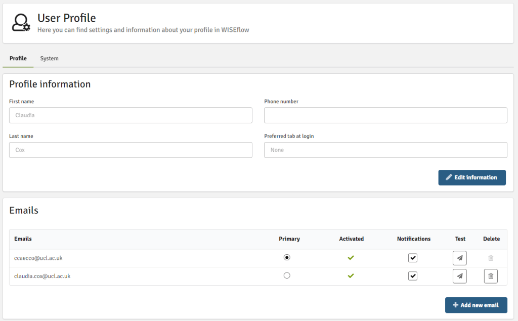 A screenshot of the new profile page in Wiseflow