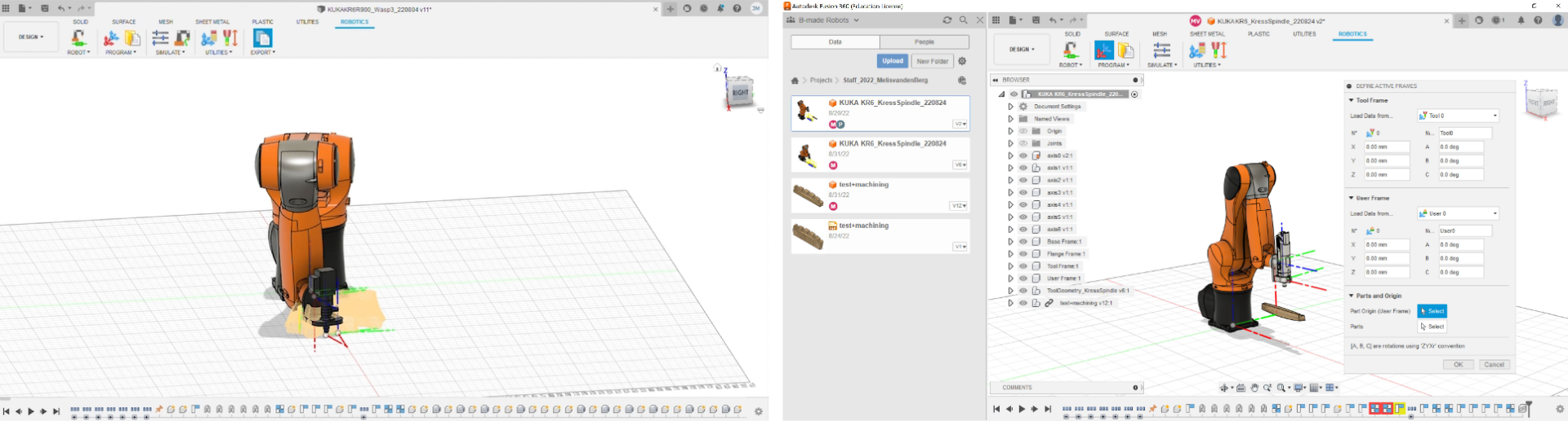 Digital twin created in Fusion 360 for Robotic 3d Printing of Clay (Left) and Robotic Milling of Timber (Right)