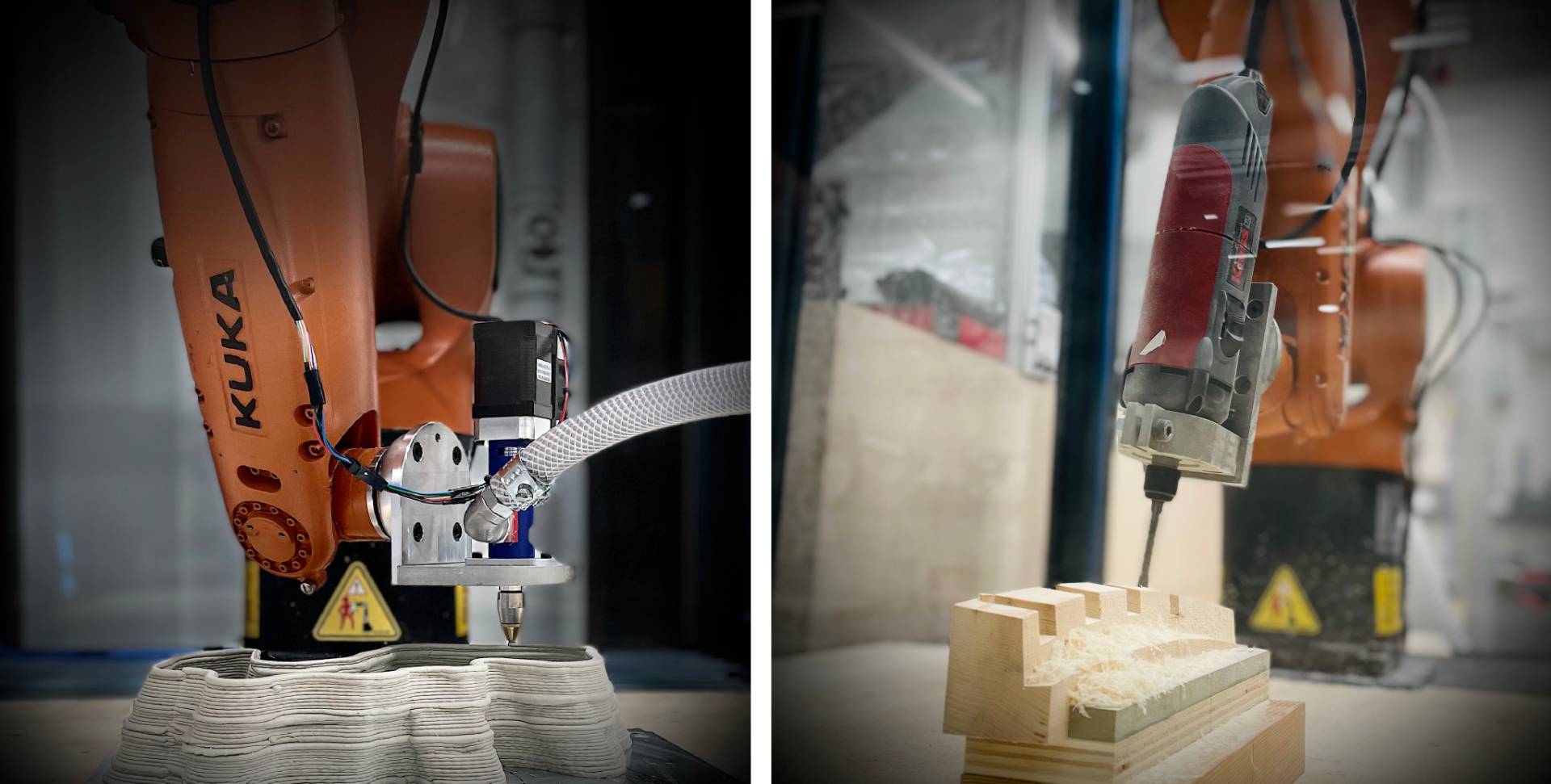 Robotic 3d Printing of Clay (Left) and Robotic Milling of Timber (Right) using Fusion 360