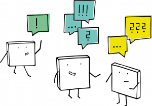 block characters talking in symbols to each other. Speech bubbles say ..., ! and ? 