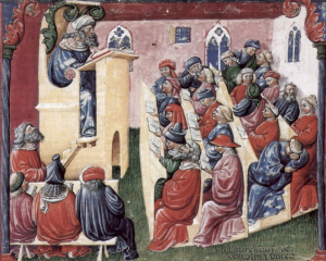 Henry of Germany delivering a lecture to university students in Bologna by Laurentius de Voltolina