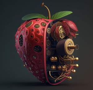 a mechanical strawberry as imagined with midjourney AI image from text