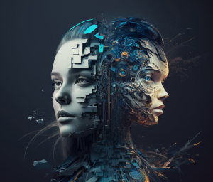 Image generated using midjourney using the prompt AI+AI=AI. The image is futuristic and shows two young women facing away from one another but blended complex code and machinery. They are simultaneously blended and exploding apart. 
