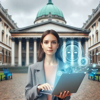 AI generated image of a female researcher interacting with AI in front of the UCL portico