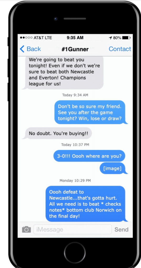 Image of what is apparently a spurs fan's phone with an exchange between her and her friend who is an Arsenal fan. The banter turns to despair as the Arsenal fan realises they will not get champions league football the next seasone due to successive defeats